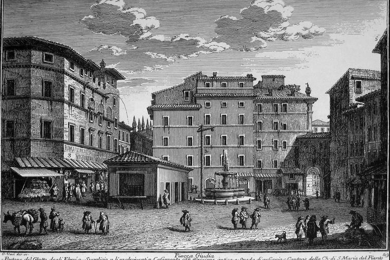 Piazza Giudia, showing the gate of the ghetto (middle right), the police post and the gallows; 