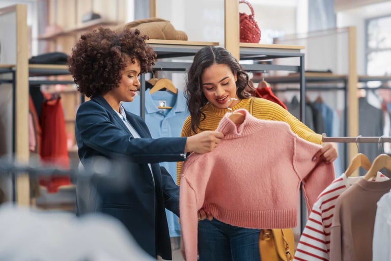 surveillance camera looking at two women in a clothing store looking at a pink sweater