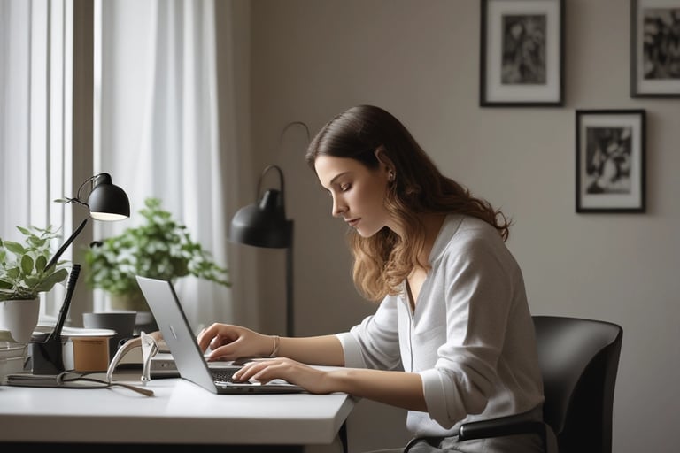 a woman sitting at a desk with a laptop computer