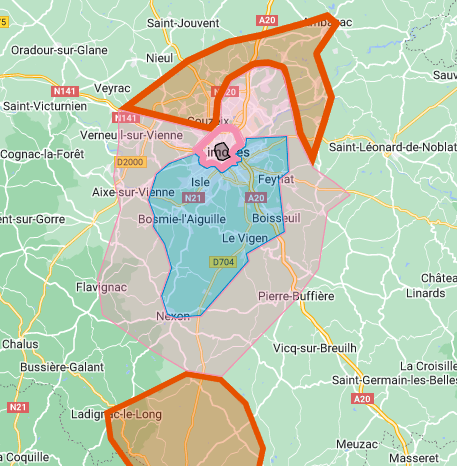 Carte de la région de Limoges indiquant les zones d’intervention de l’entreprise