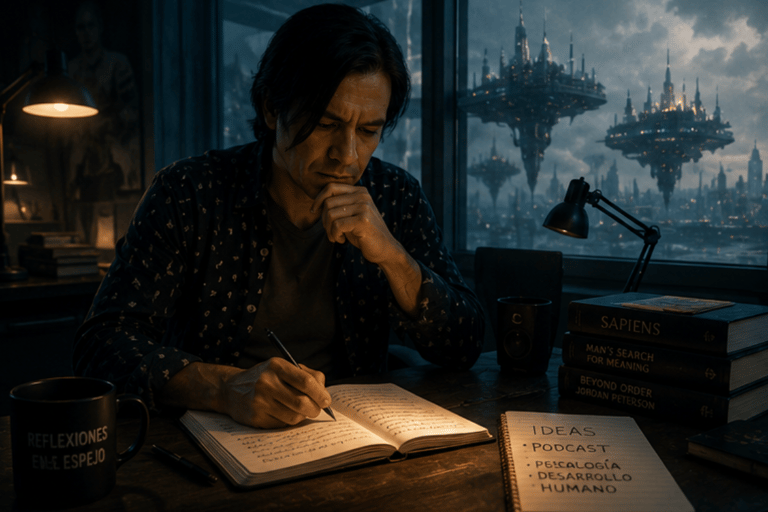 A thoughtful man writing in a journal at a desk with a futuristic sci-fi city visible through the window.