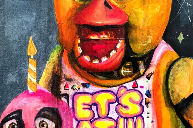 Chica Fnaf fan art. Original mixed media artwork by the artist Angelina Nazarenko. ArtNess.