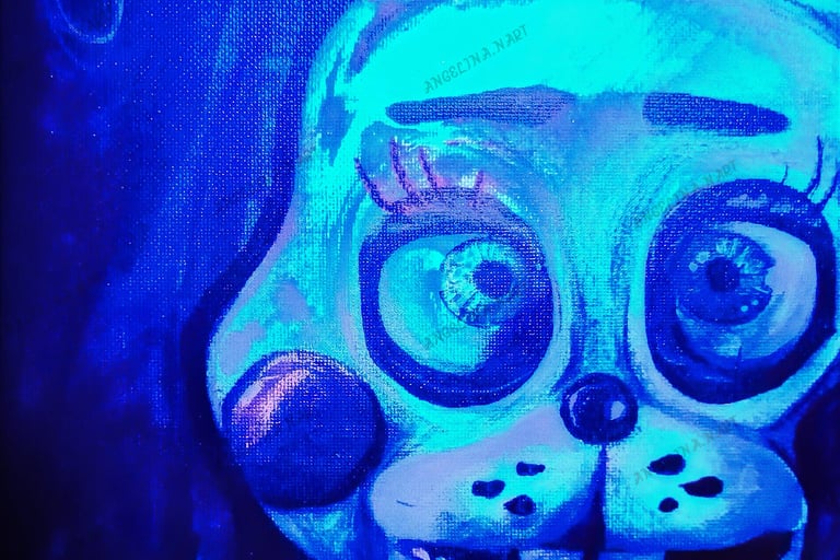 Toy Bonnie Fnaf fanart. Original mixed media artwork by the artist Angelina Nazarenko. Young Artist. ArtNess. UV