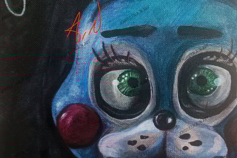 Toy Bonnie Fnaf fanart. Original mixed media artwork by the artist Angelina Nazarenko. Young Artist. ArtNess.