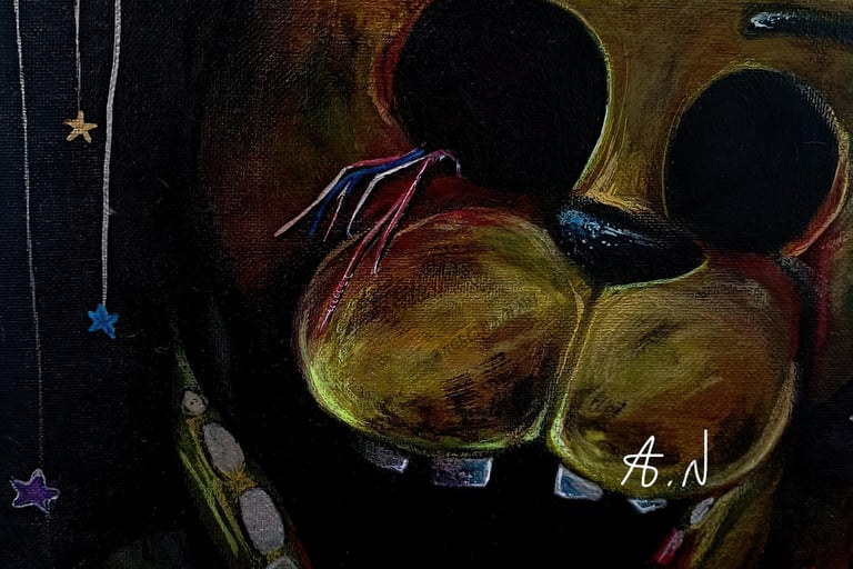 Golden Freddy Fnaf Fan art. Original mixed media artwork by the artist Angelina Nazarenko. Young artist. ArtNess