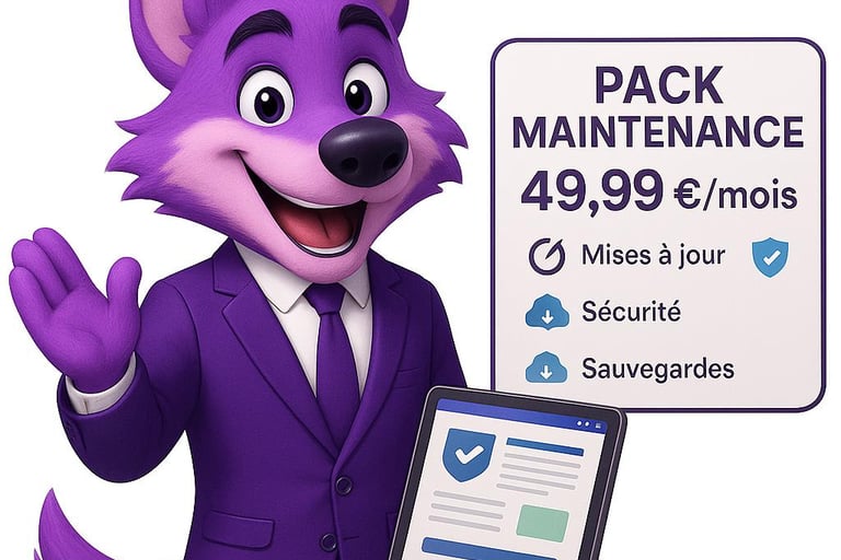 Mascotte Alpha Digital présentant le Pack Maintenance à 49,99 € avec mises à jour et sauvegardes
