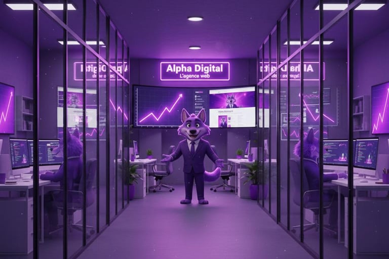 Bureau moderne violet Alpha Digital avec la mascotte loup – expertise web