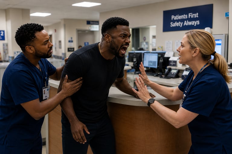 very angry patient yelling and screaming at hospital staff