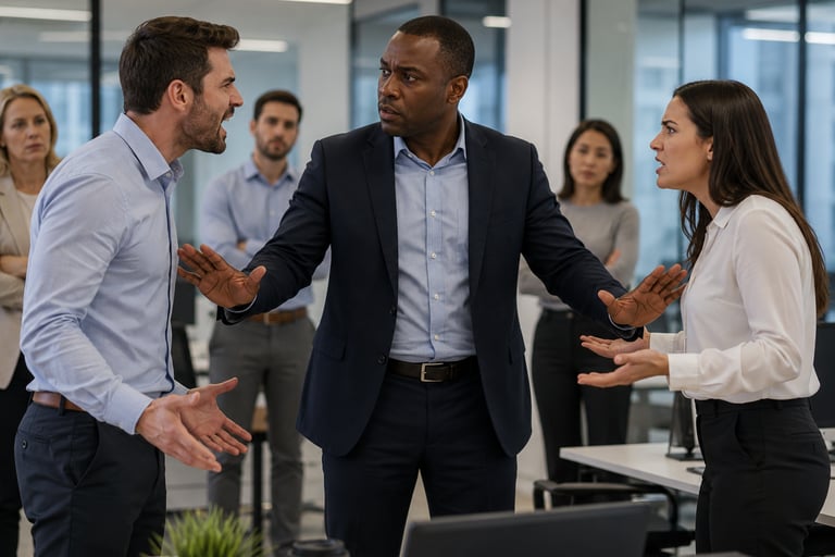 co-workers have dispute and mediator attempting to de-escalate conflict