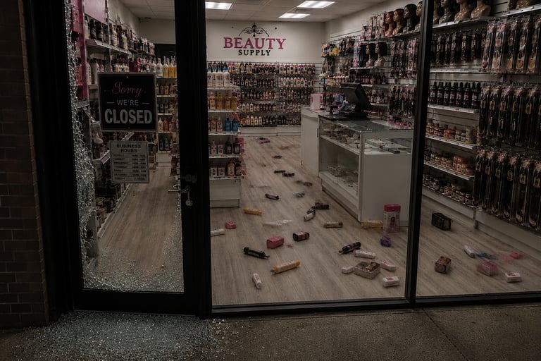 retail beauty supply with glass door broken from burglary and items stolen