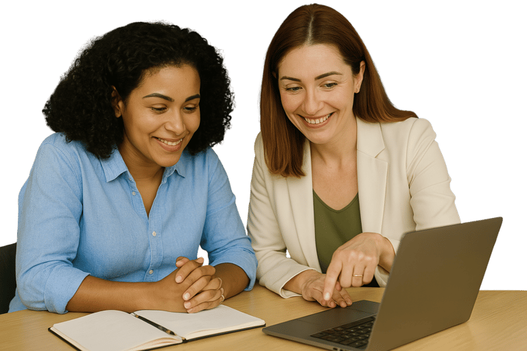 duas mulheres sentadas à mesa com caderno e notebook