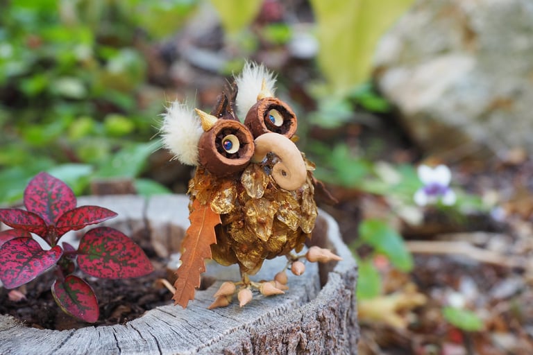 owl critter made from seeds, shells and leaves