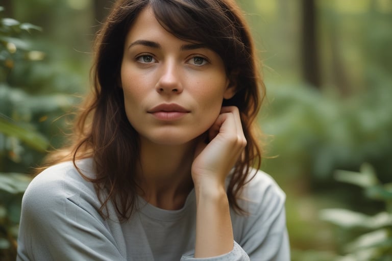 Woman pausing quietly in nature, symbolizing surrender and inner peace”