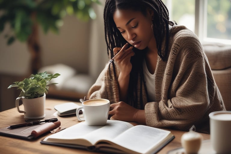 Christian woman journaling with Bible and coffee, symbolizing peace, surrender, and trust in God