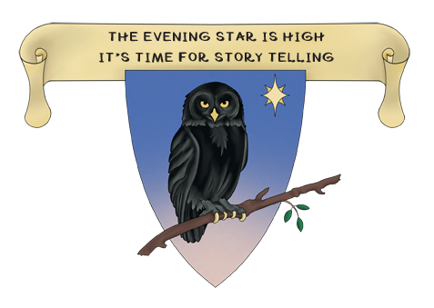 A black owl on a shield with a star above and a scroll overhead
