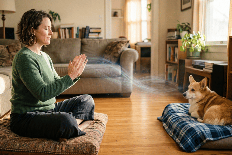 Woman giving Corgi Reiki