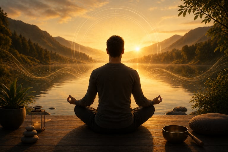A man practicing morning meditation by a calm lake at sunrise with mountains in the background.