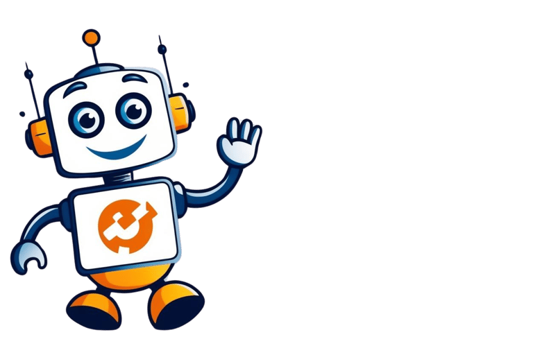 alt="Robot w słuchawkach trzymający smartfon z wyświetloną stroną wizytówką dla małej firmy"