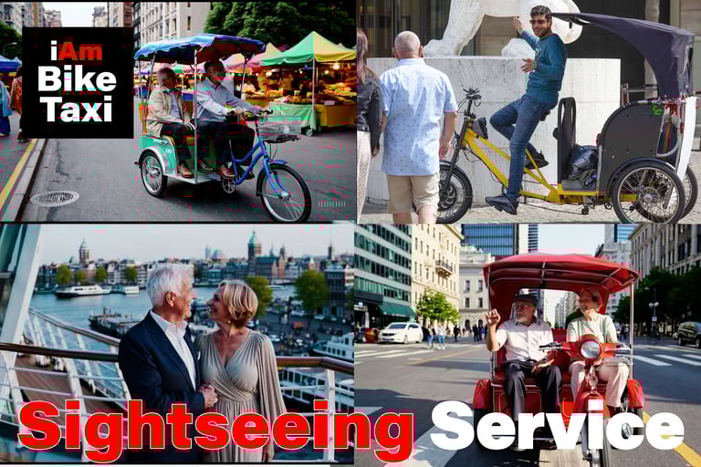 Old people on bike taxi sightseeing city tour in Amsterdam