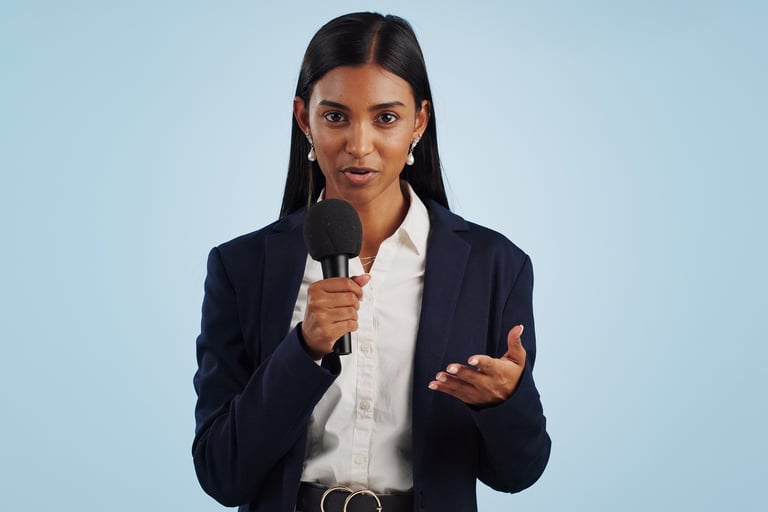 a woman in a suit is holding a microphone
