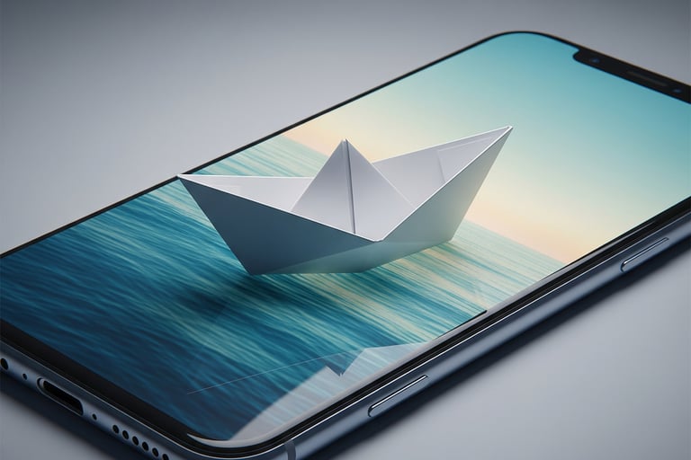 Um barco de origami sobre a tela de smartphone onde uma paisagem de horizonte oceânico se estende