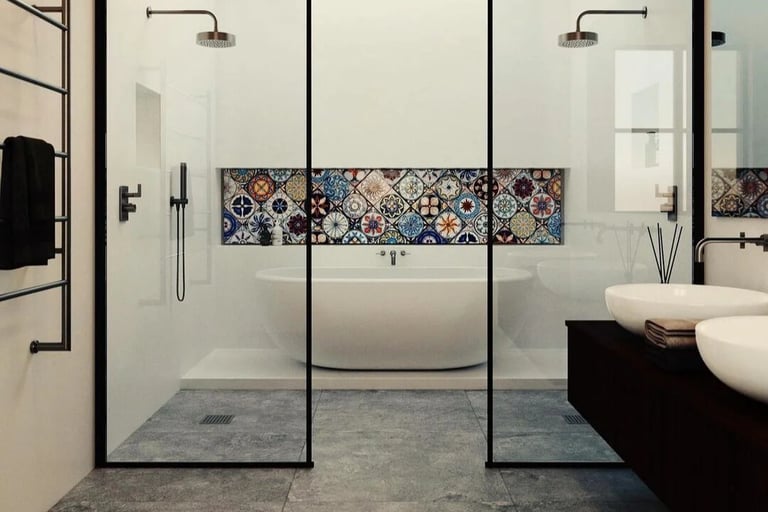 this image shows a hand painted mosaic in shower niche
