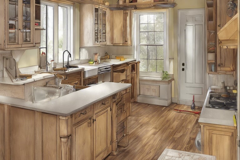 a kitchen with a wooden floor and a sink