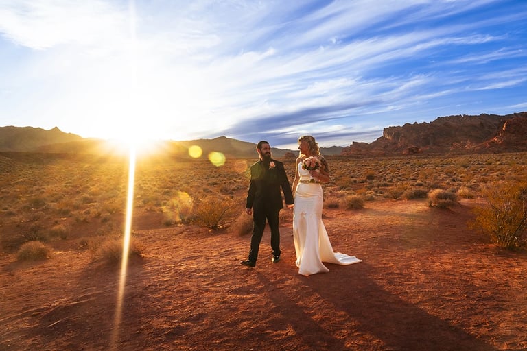 a bride and groom standing in the desert