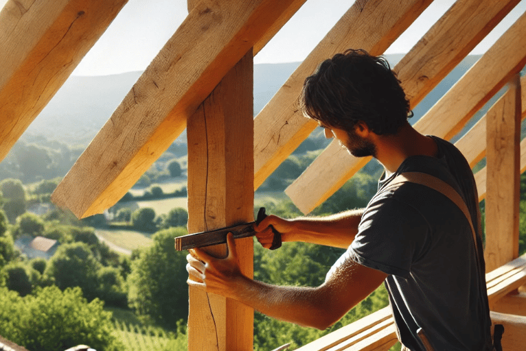 Charpentier renforçant une charpente en bois lors de travaux de rénovation sur une maison provençale