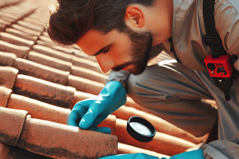 Couvreur inspectant une toiture en tuiles pour des travaux d'étanchéité dans le sud de la France
