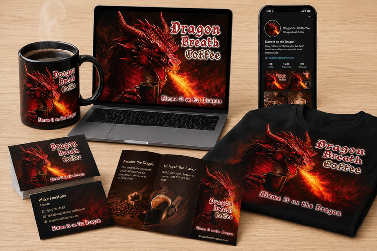Dragon Breath Coffee branding featuring a red dragon logo on a laptop, mug, t-shirt, and business cards.
