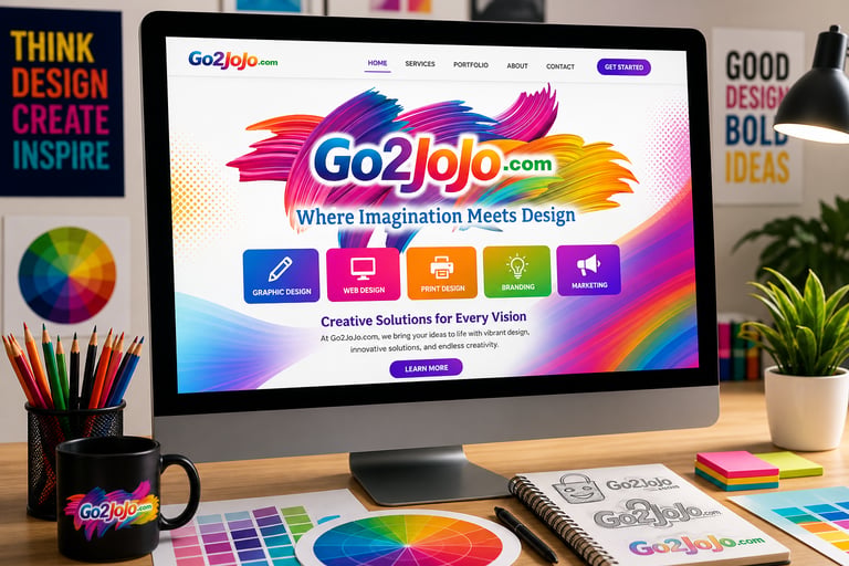 A computer monitor displaying a vibrant graphic design website for Go2Jojo on a creative studio desk.