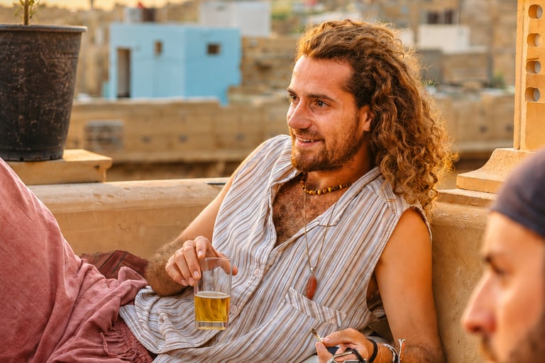 Backpackers enjoying the rooftop café at Open Road Hostel in Jaisalmer.
