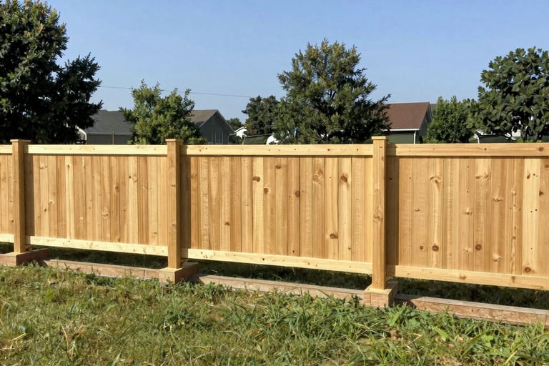 A light brown wooden privacy fence installed in a grassy backyard under a clear blue sky.