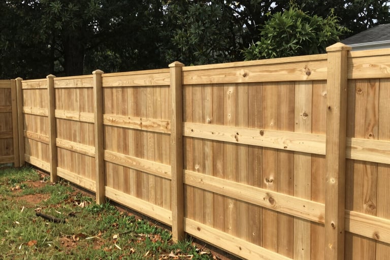 New wooden privacy fence with vertical cedar pickets and sturdy posts installed in a backyard.