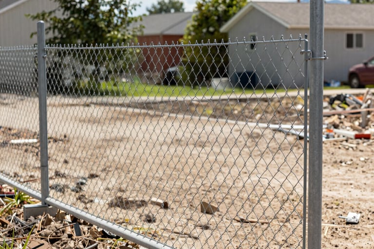 Durable silver chain link fence installed at a residential construction site for perimeter security.