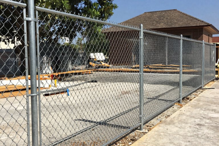 Galvanized steel chain link fence installed at a residential construction site for security.