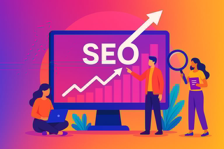 Magnifying glass over search bar representing search engine optimization.