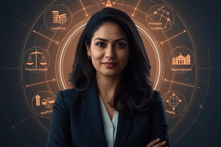 a woman in a business suit with a large circle of icons