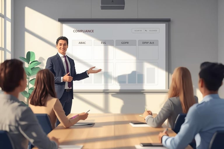a man in a suit and tie is standing in front of a white boardroom