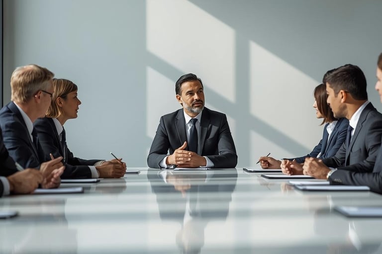 a group of business people sitting around a table