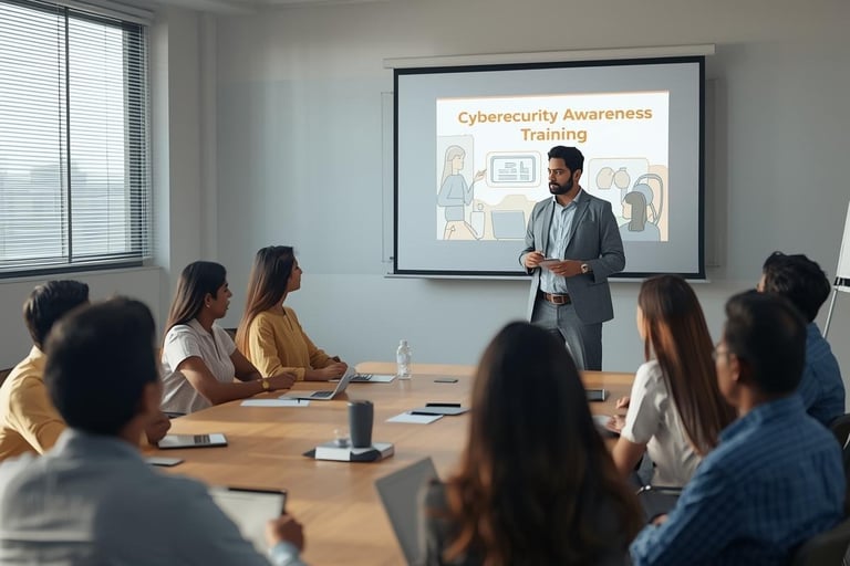 a man in a suit and tie is standing in front of a presentation