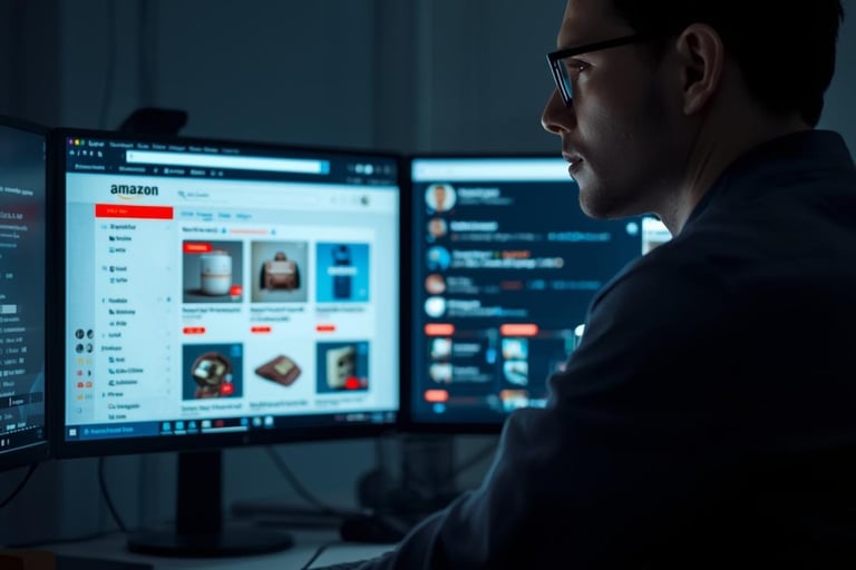 a man sitting at a desk with two monitors and a keyboard