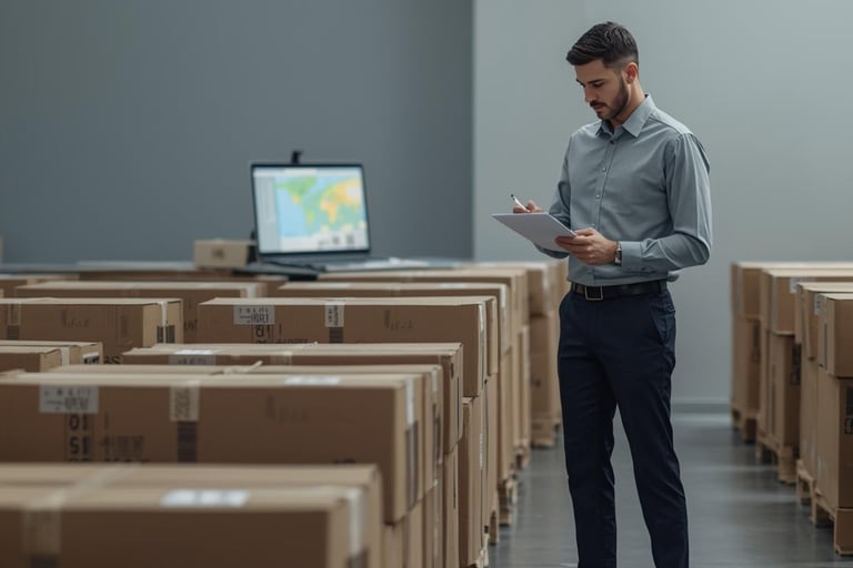 a man standing in a room with boxes of boxes