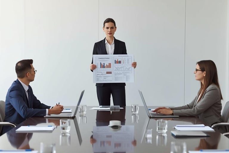 a man in a suit and tie is holding a presentation board