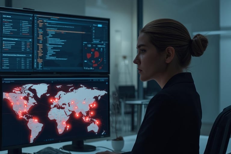 a woman sitting at a desk with a monitor and a computer monitor