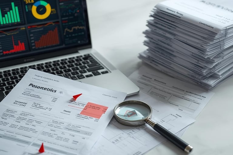 a laptop computer sitting on a desk with papers and a magnifying magni