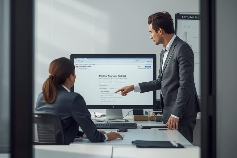 a man and woman in business attire standing in front of a computer screen