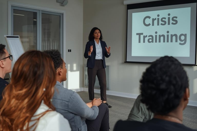 a woman in a business suit is standing in front of a presentation