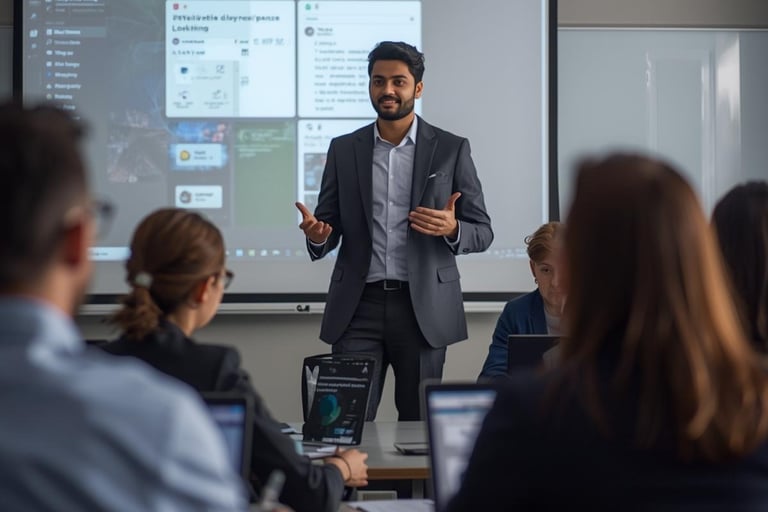 a man in a suit and tie is standing in front of a presentation